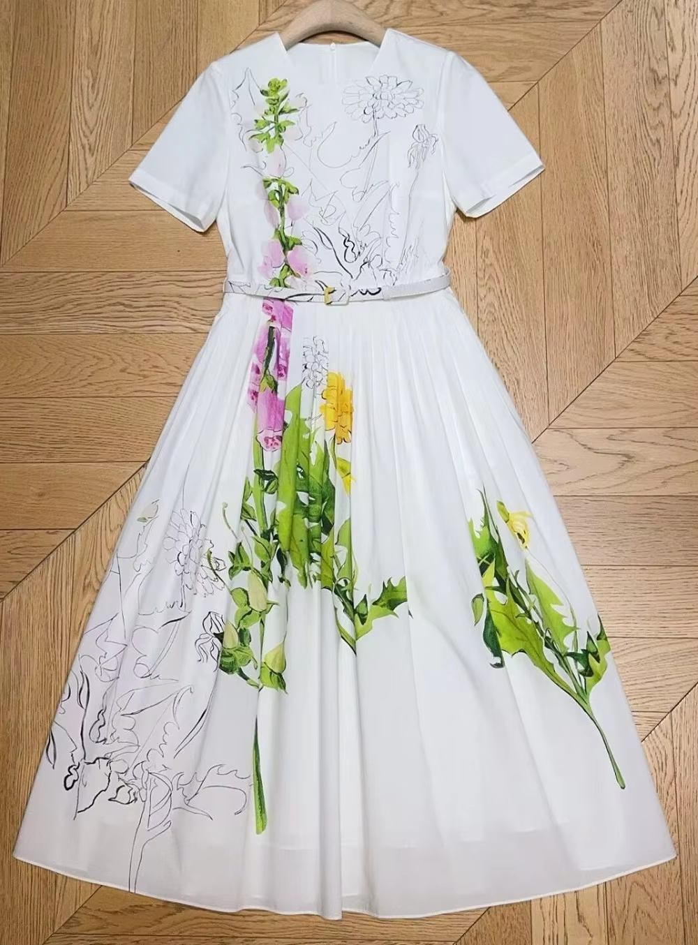 Top qualité nouveau 2026 printemps été robe femmes feuilles vertes imprimé fleuri poche Patchwork ma