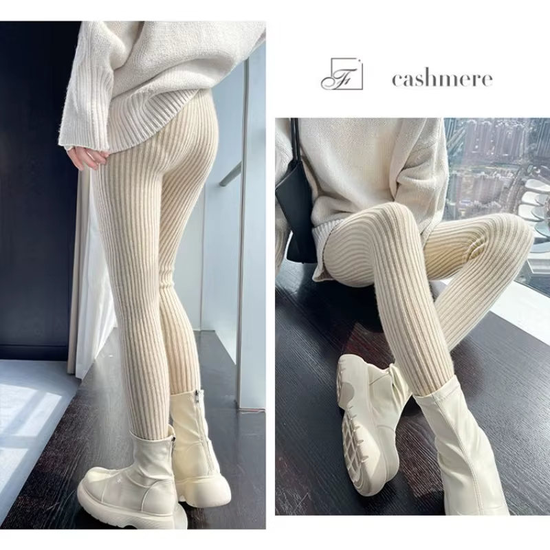 Leggings Slim automne femmes taille haute pantalon décontracté tricoté côtelé épaissir solide élasti