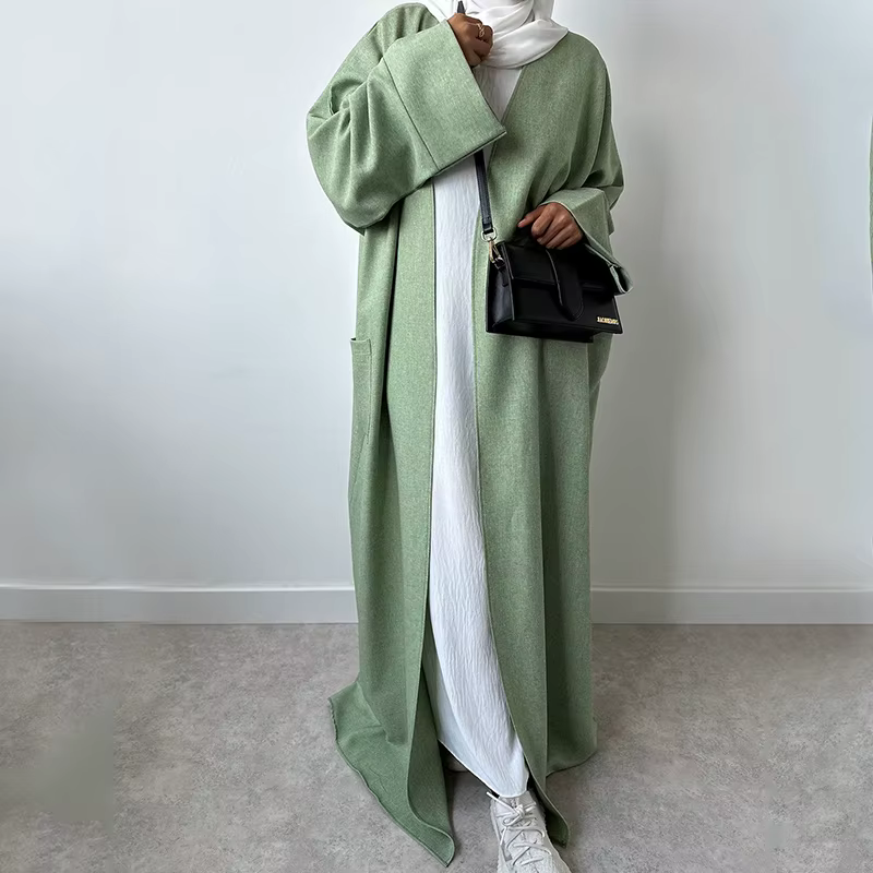 Abaya en lin avec poches pour femmes musulmanes, robe kimono ouverte, vêtements islamiques, modeste,