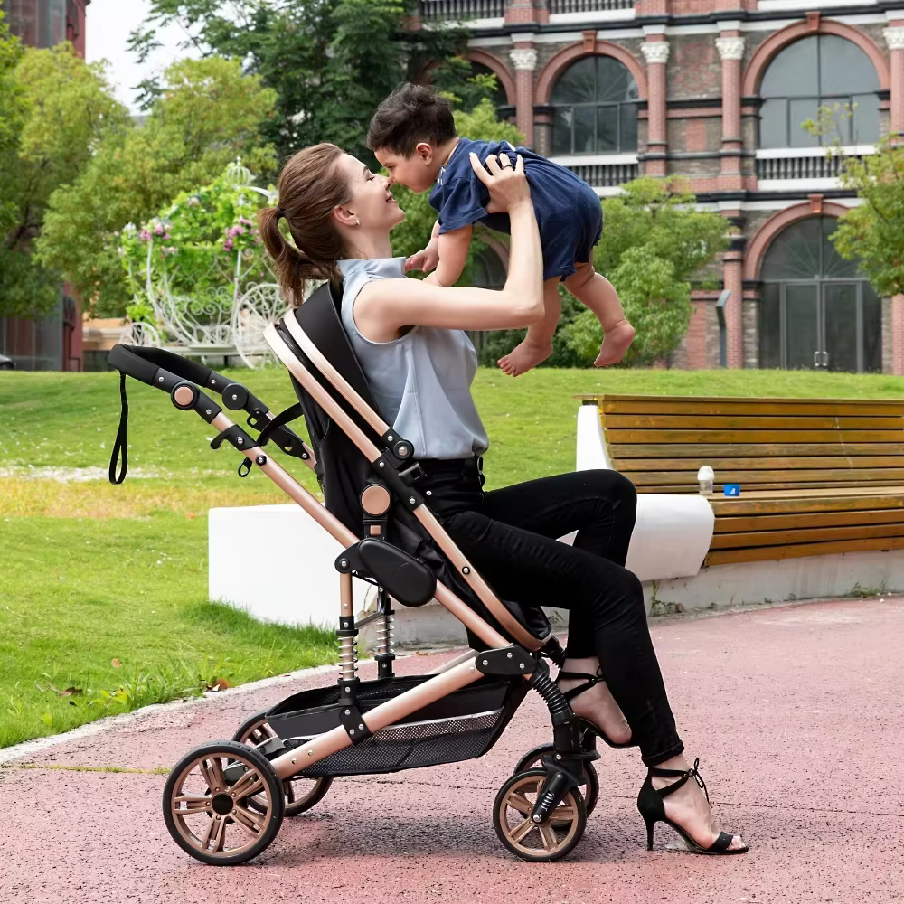 Poussette bébé pliable 3-en-1, poussette haute avec capote réglable et amortisseur, chariot portable