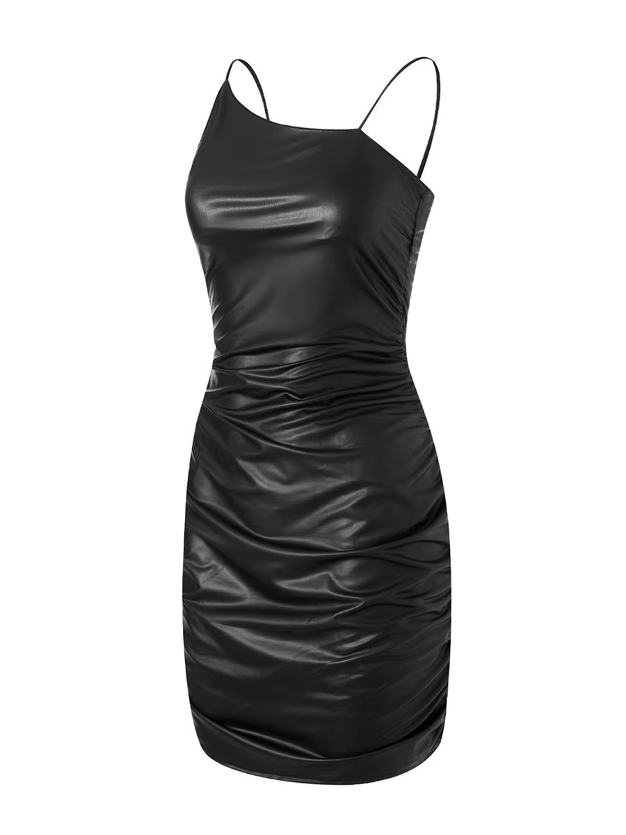 Mini robe en similicuir pour femme, bretelles spaghetti, club, fête d'anniversaire, streetwear dos n