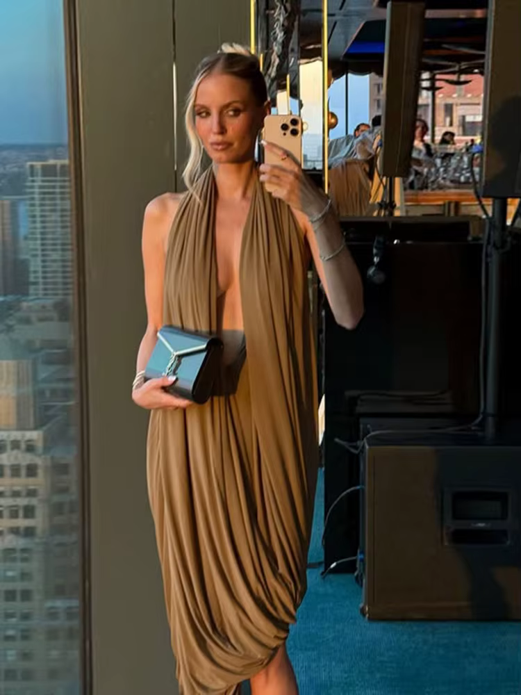 Nibber froncé licou robe Maxi femmes sans manches dos nu ourlet irrégulier solide vacances classique