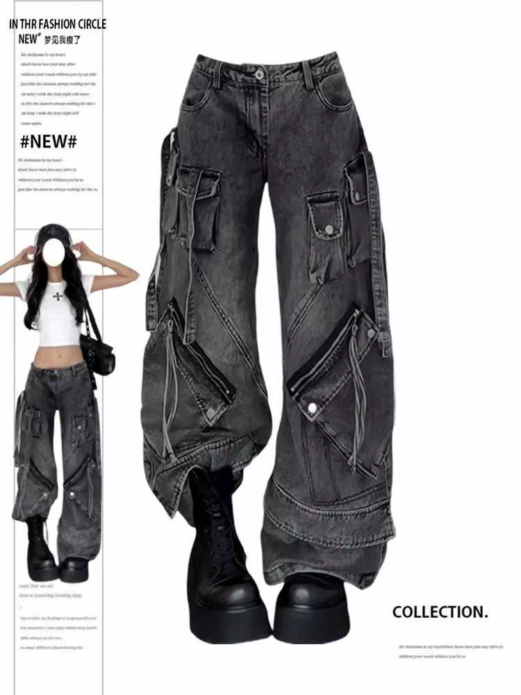 Jean noir pour femmes, pantalon Cargo, Streetwear, taille haute, jambes larges américaines, mode Sty
