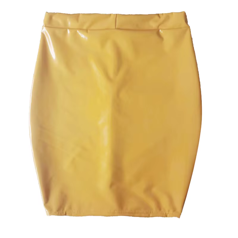 Femmes en cuir PU jupe moulante gothique noir aspect mouillé rouge jaune jupe Midi taille haute dame