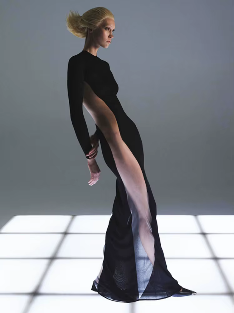 Robe transparente noire pour femme, pull long tambour, vêtements slim, streetwear sexy, patchwork en