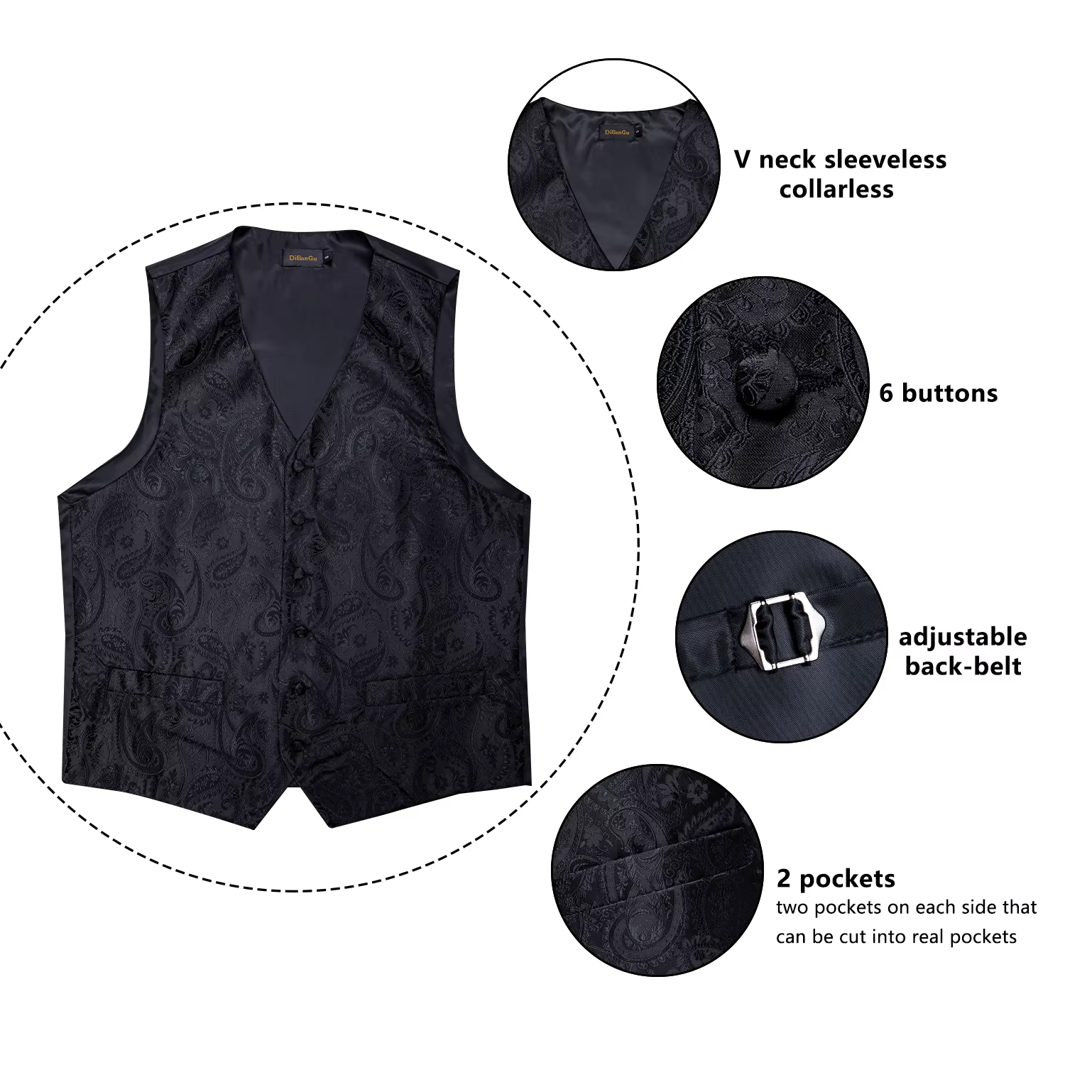 Gilet de costume Paisley noir solide pour hommes, avec cravate, nœud papillon, mouchoir, boutons de 