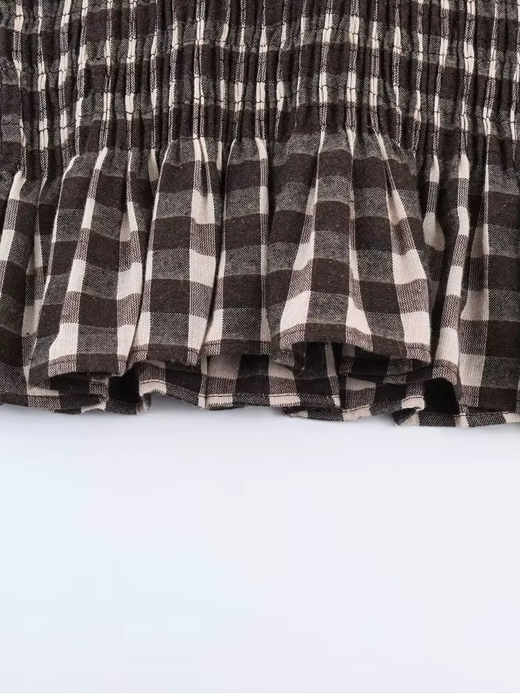Nlzgmsj 2025 Vintage Chic marron chemises à carreaux femmes à manches longues Blouses pli mode décon