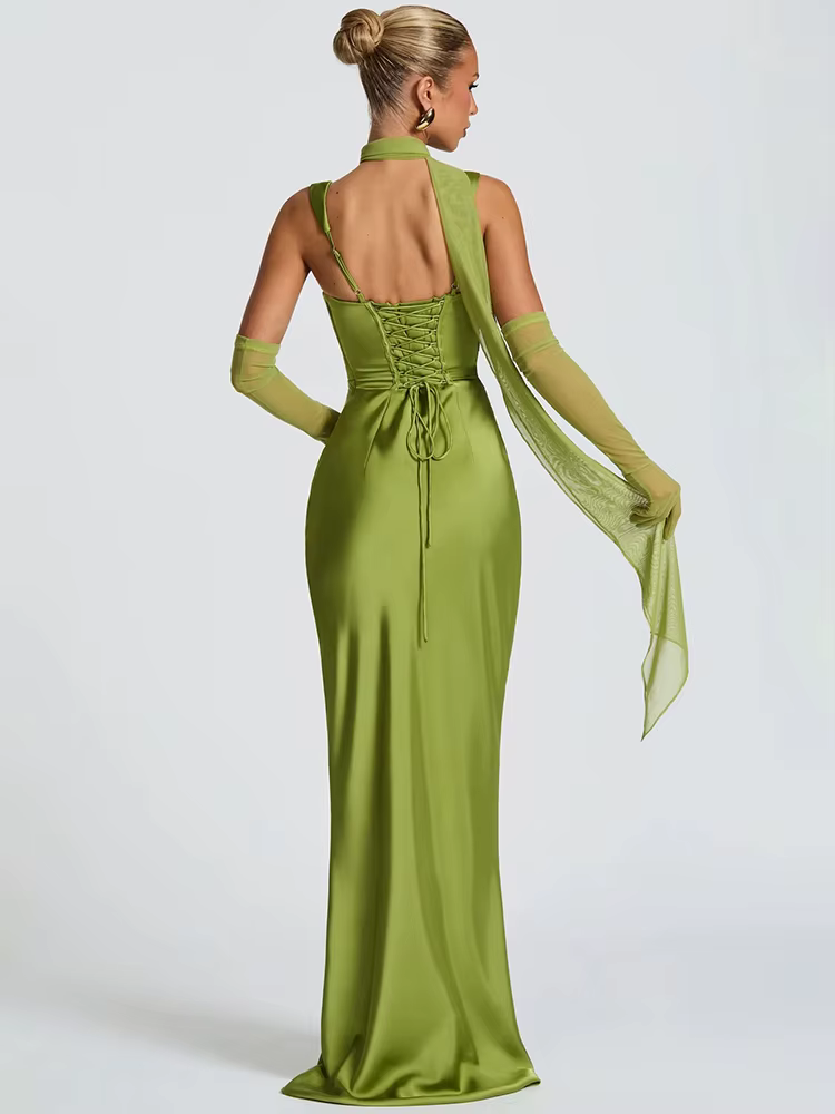 Robe longue en Satin sans bretelles, élégante, Corset vert, dos nu, rose, soirée, anniversaire, mari