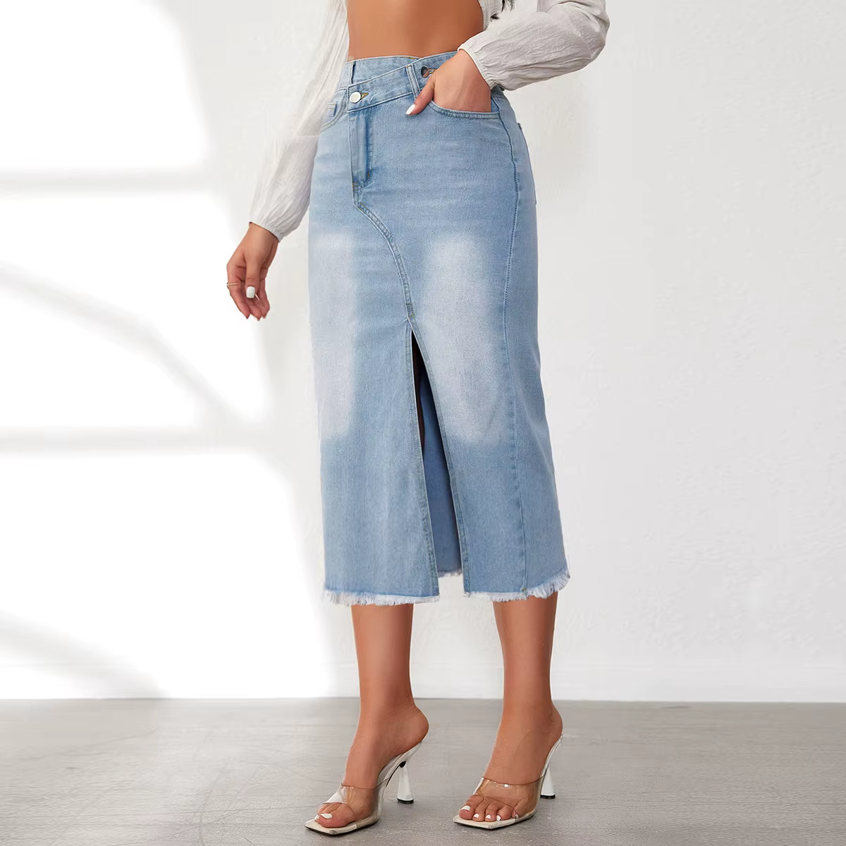 Femmes Denim jupes Sexy lavé Denim taille haute robe crayon Y2k Streetwear fesses bases cheville lon