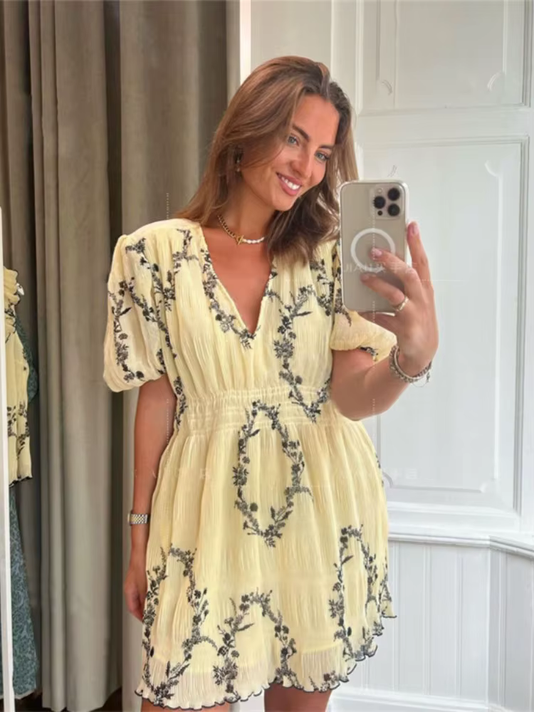 Robe élégante et Chic en mousseline de soie, motif Floral, manches bouffantes, style spectacle, jaun