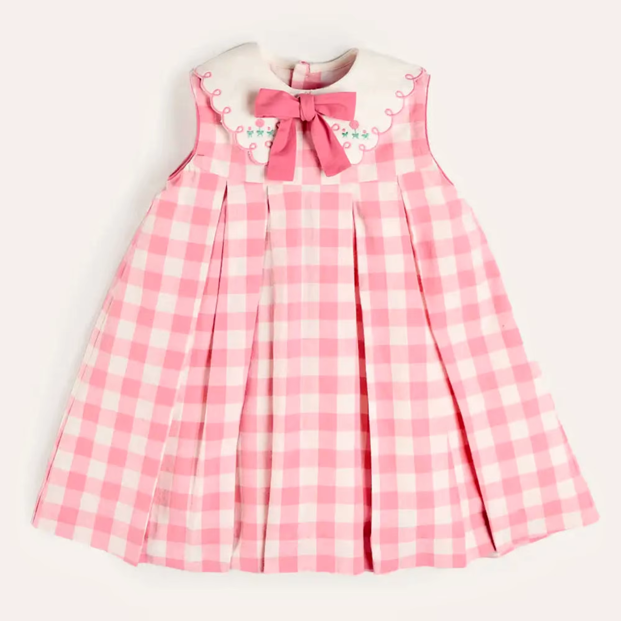 Robe rose à carreaux brodée sans manches pour fille, tenue mignonne pour les vacances d'été, robes p