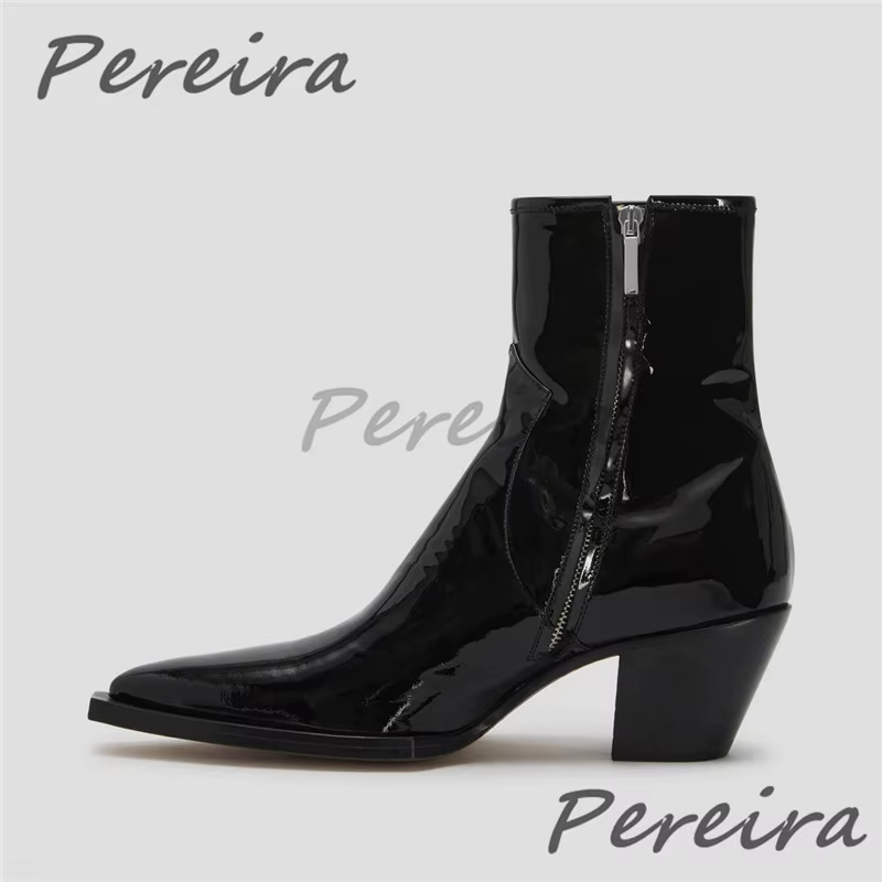 Bottes Chelsea en cuir verni noir pour hommes, chaussures courtes à bout pointu en cuir de vache ave