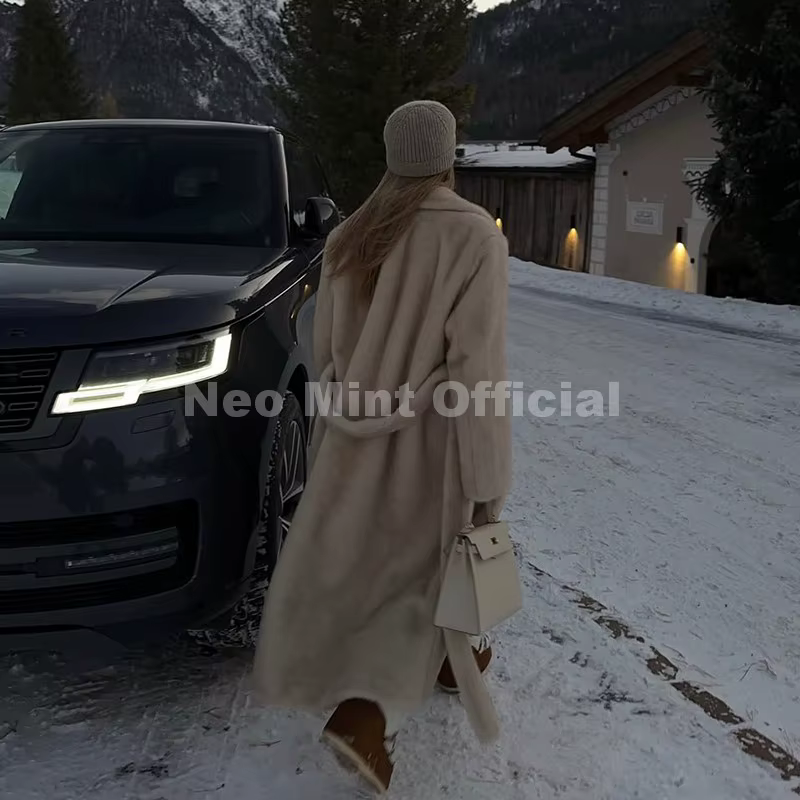 Neo Mint ceinturé fausse fourrure de vison manteau femmes 2025 hiver Beige dégradé fourrure veste de