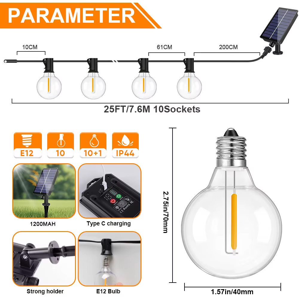 Guirlande lumineuse solaire d'extérieur G40, guirlande lumineuse solaire LED 24V, lumières suspendue