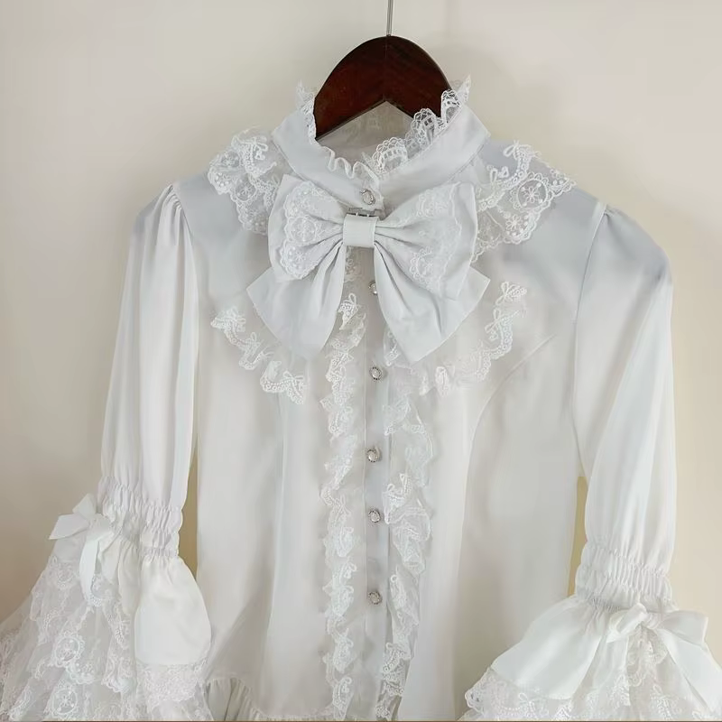 Chemise Lolita gothique et douce – Chemisier à volants à manches longues pour robes JSK, haut en den