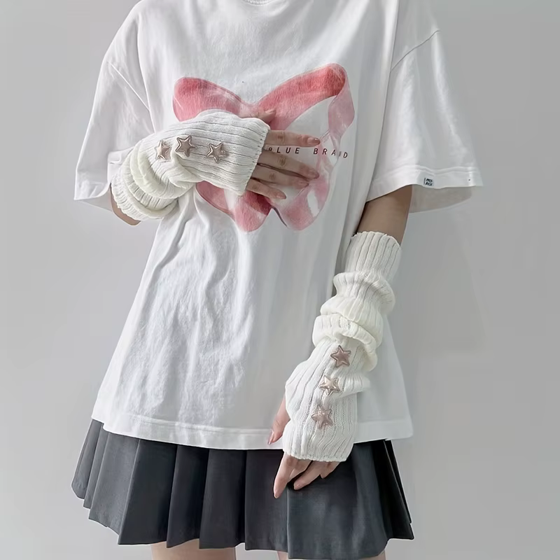 1 paire de gants sans doigts pour femmes, avec décoration d'étoiles, blanc/noir/rose, lavables en ma