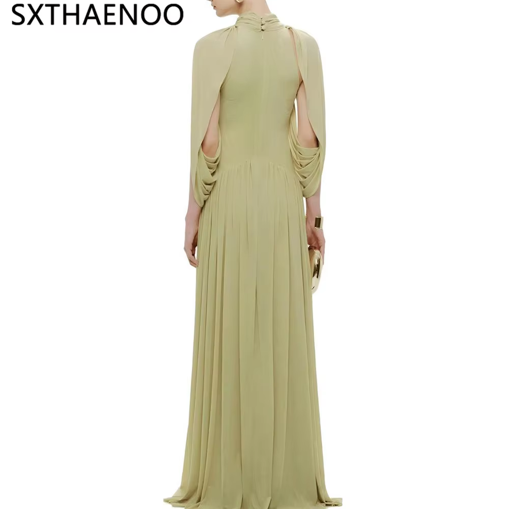 Robe longue plissée en mousseline SXTHAENOO pour femme, élégante, à manches volantées, col roulé, pa