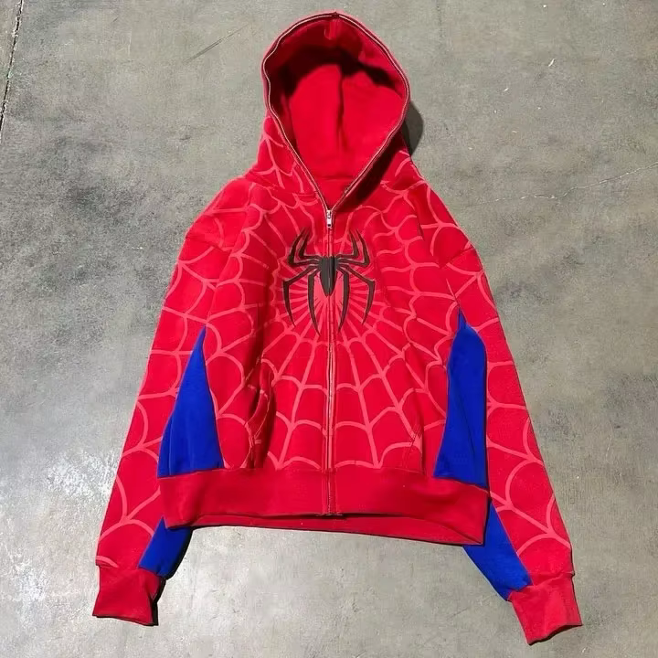 Sweat-shirt à capuche imprimé araignée pour hommes et femmes, style Hip Hop, fermeture éclair, manch