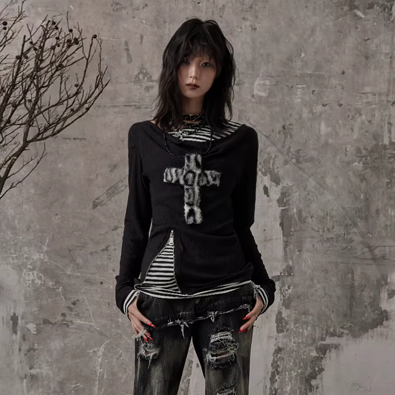 Karrcat Grunge esthétique faux deux pièces hauts Trashy Y2k à manches longues tricoté hauts Wastelan