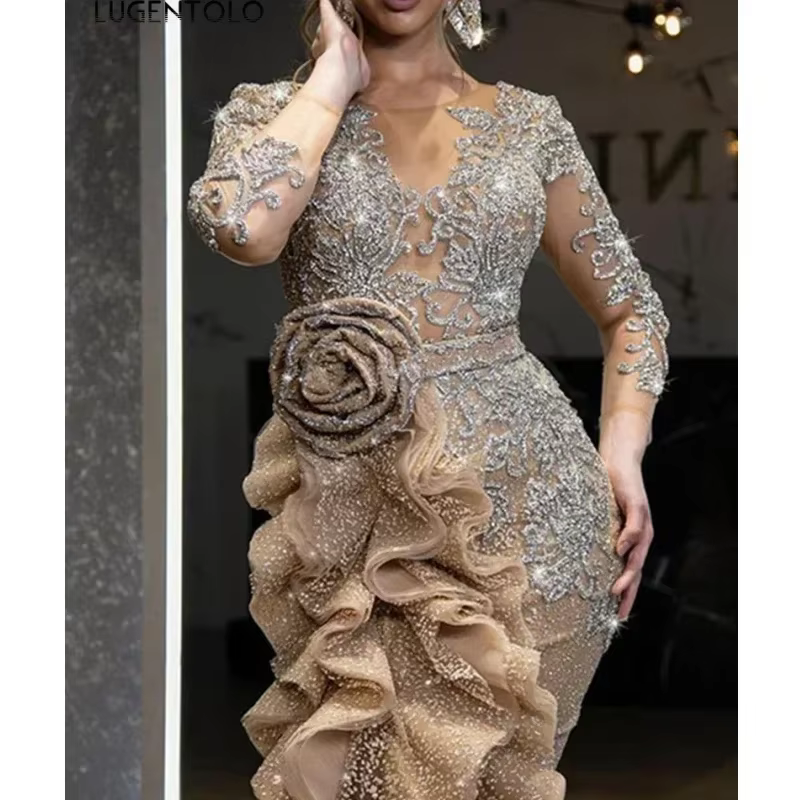 Lugentolo-Robe de soirée à paillettes pour femmes, nœud mince, manches longues, col rond, maille élé