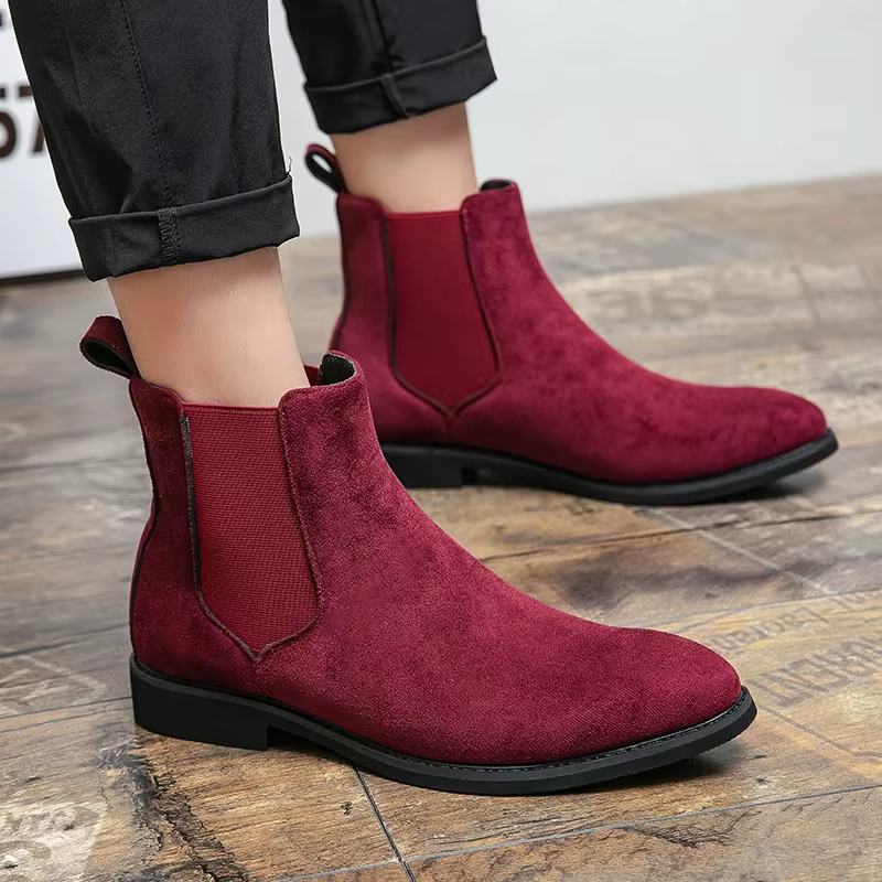 Bottes Chelsea pour Hommes en Daim Rouge Vin, Bout Rond, Bottes de Ville à Talons Bas, Faciles à Enf