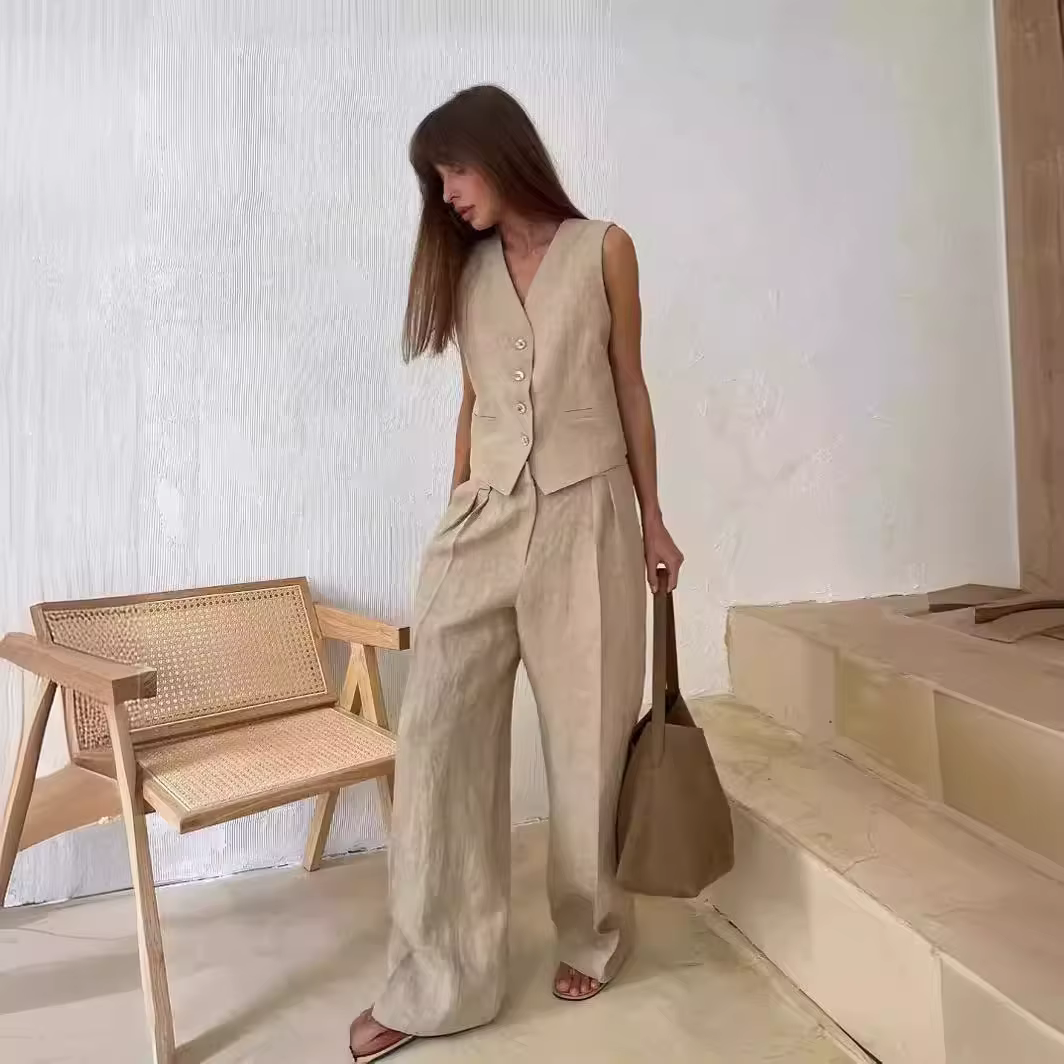 2025 nouvelles femmes lin coton Chic gilet et pantalon costume deux pièces ensemble bureau dames été