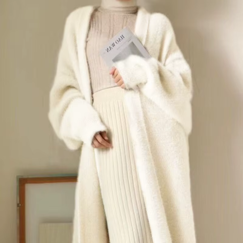 Cardigan long blanc pour femme, nouvelle collection hiver 2026, tricoté, moelleux, à manches longues