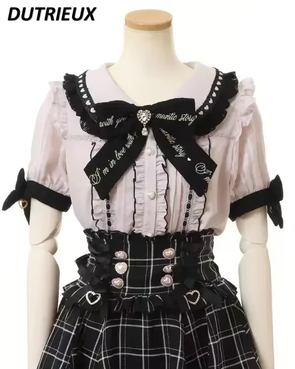 Rojita Style dentelle col Lolita chemise mode femmes hauts été mignon doux nœud épaule coupe ajustée