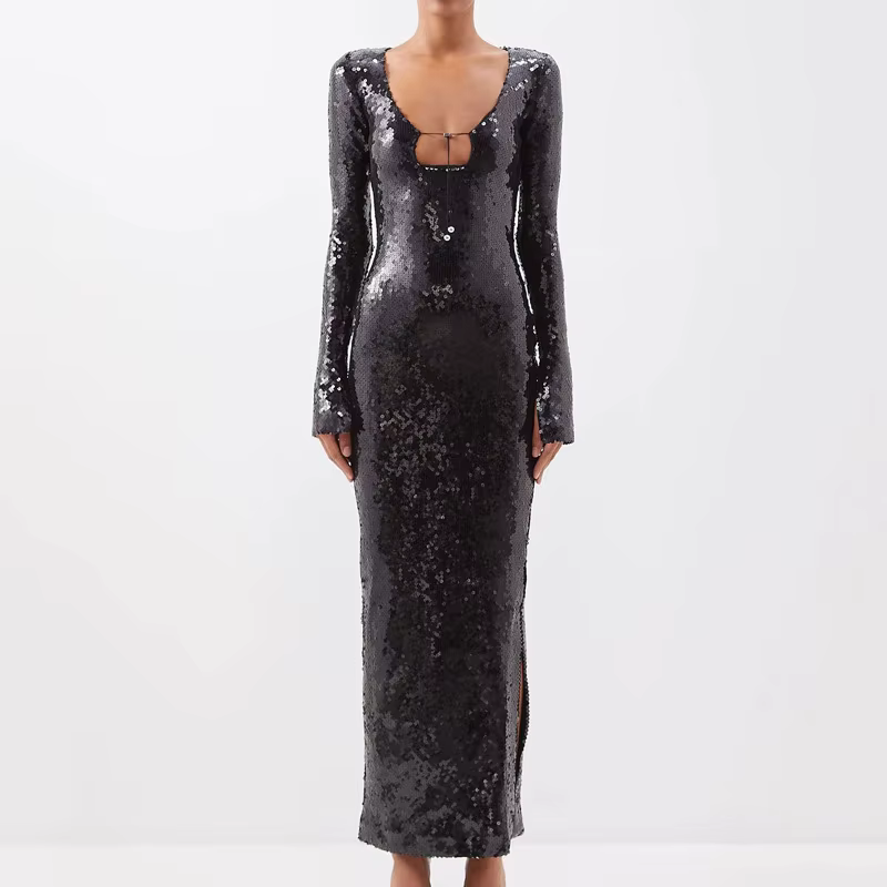 Robe de soirée sexy à sequins pour femmes, col en V, manches à clapet, jupe avec ourlet fendu, boîte