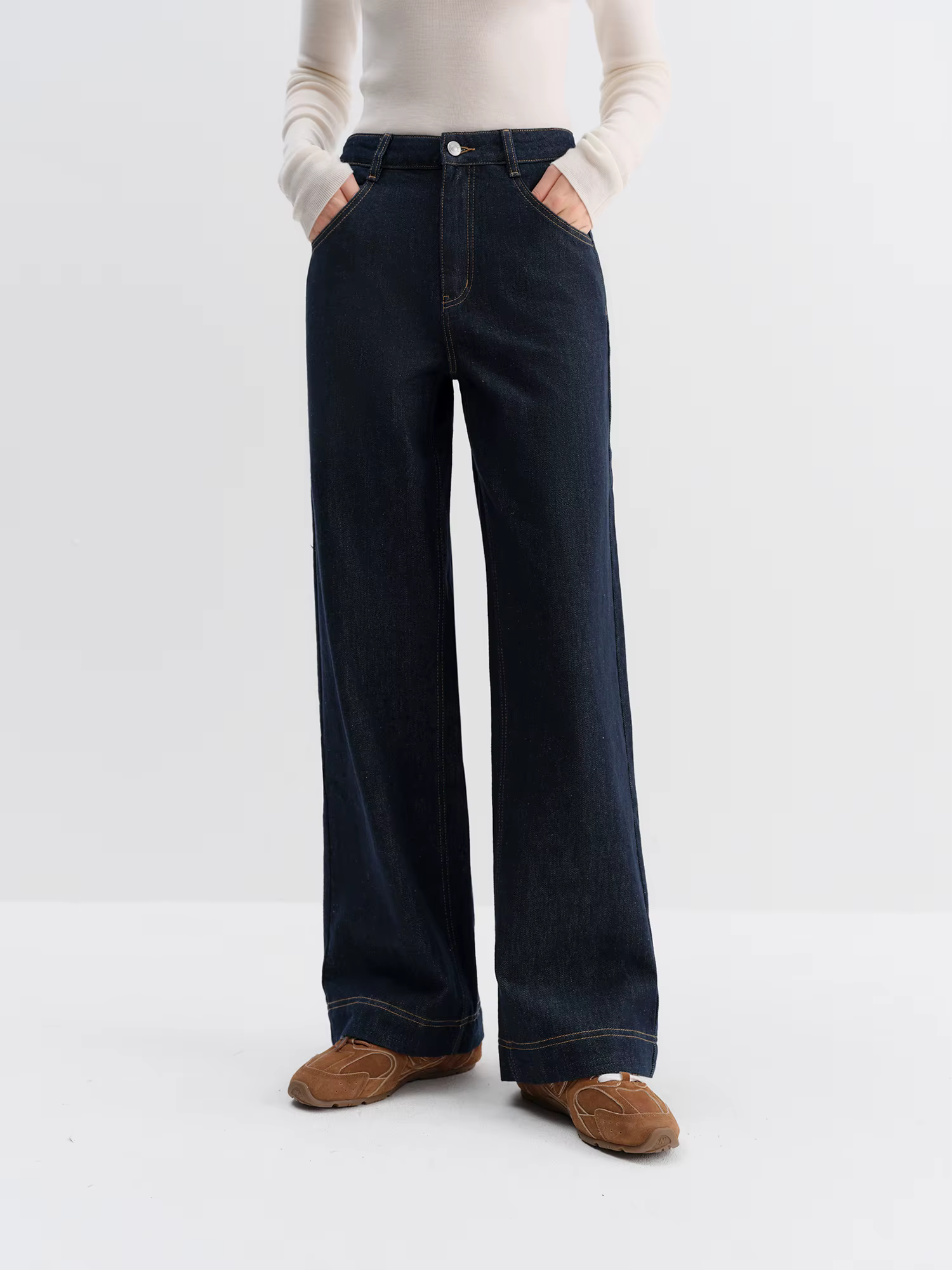 FSLE jean droit taille haute pour femmes hiver solide Simple tout-match 2025 nouveau pantalon polyva