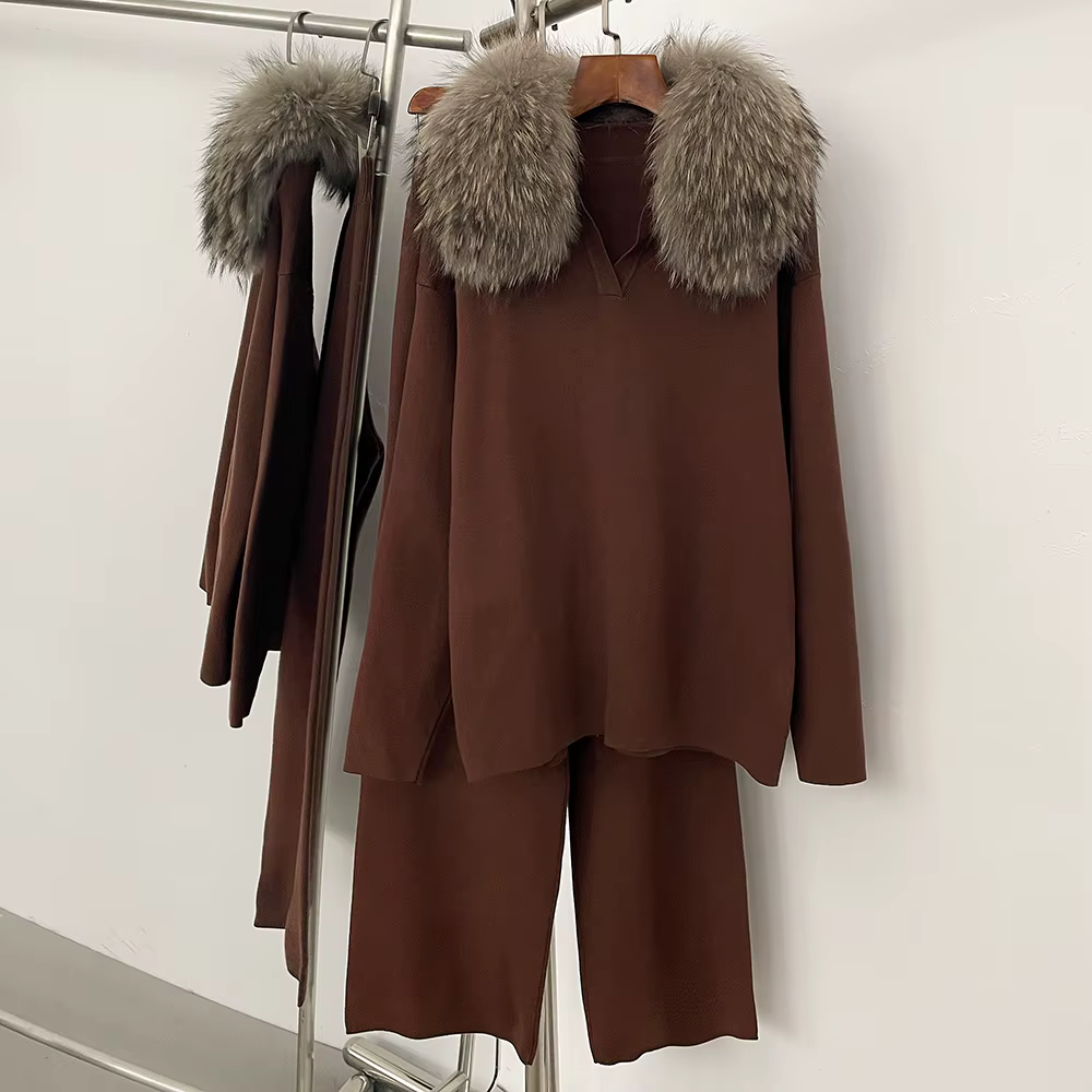 Réalité fourrure veste pull ensemble femme printemps tricoté costume tricots femme réel renard col d