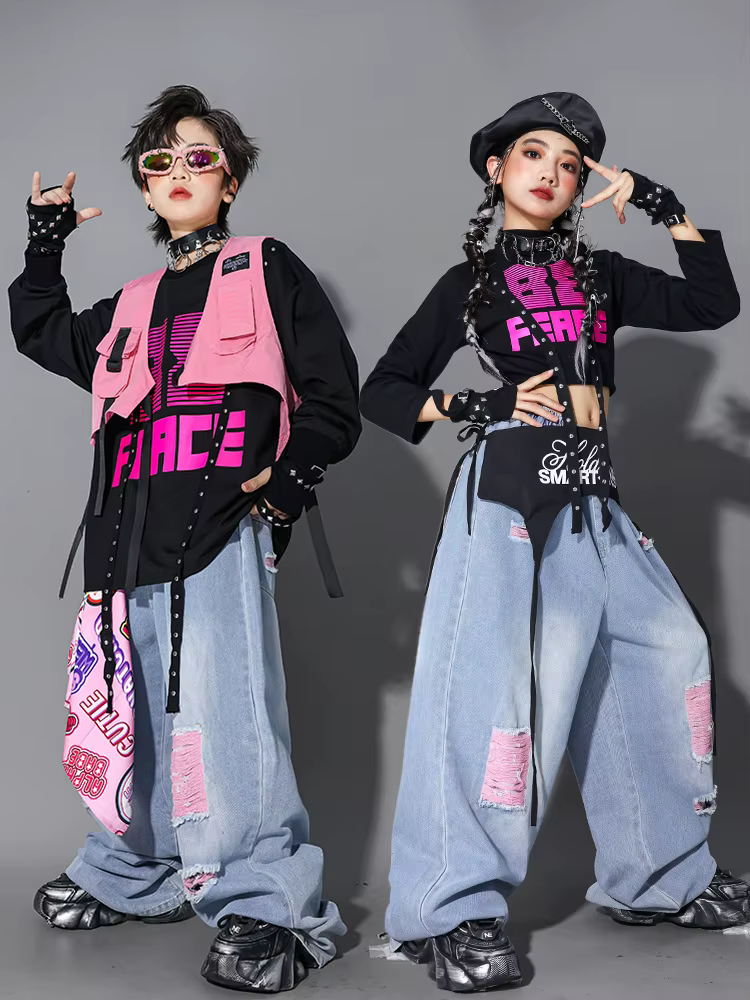 Vêtements de danse Hip Hop pour enfants, tenue de scène Kpop, haut rose noir, pantalon en Denim, Cos