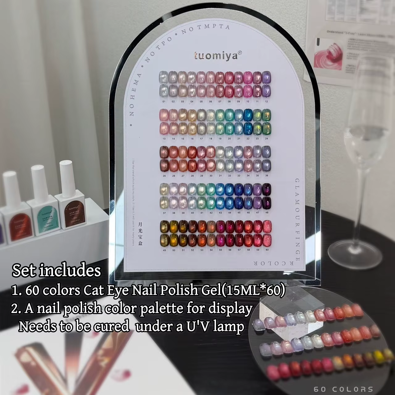 Coffret de 60 Gels à Ongles Effet Clair de Lune, Perles de Verre Œil de Chat, Couleurs Riches, Textu