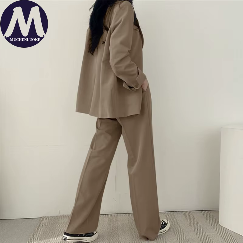 Ensemble deux pièces pour femmes, mode coréenne, blazer à manches longues et pantalon large, décontr