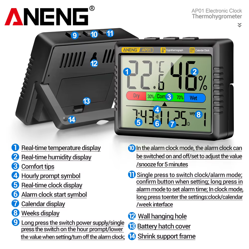 Thermomètre-hygromètre numérique ANENG AP01 avec mode alarme snooze, thermomètre d'air, humidité, mu