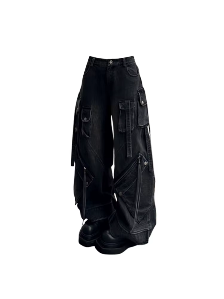 Jean Cargo Baggy gothique noir pour femmes, pantalon en Denim surdimensionné Harajuku Y2k années 90