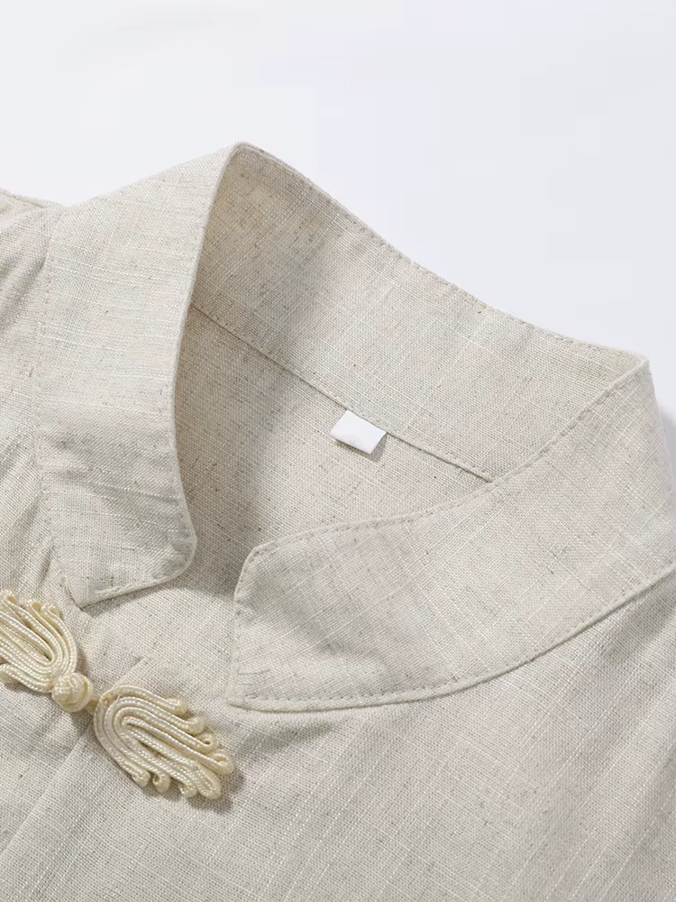 Ensemble 2 pièces mode femme en lin : haut ample à manches longues avec boutons grenouille et lacets