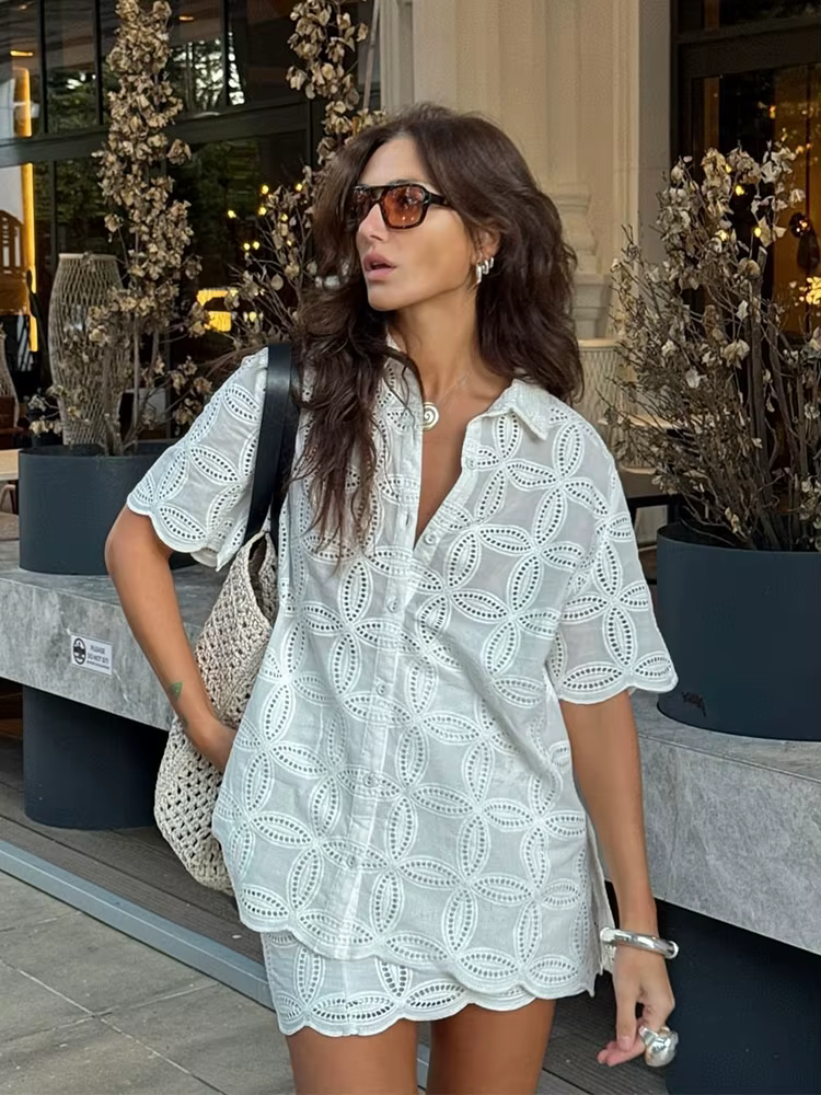Foridol-Ensemble de robe en dentelle blanche décontractée pour femmes, jupe brodée évidée, tenues de