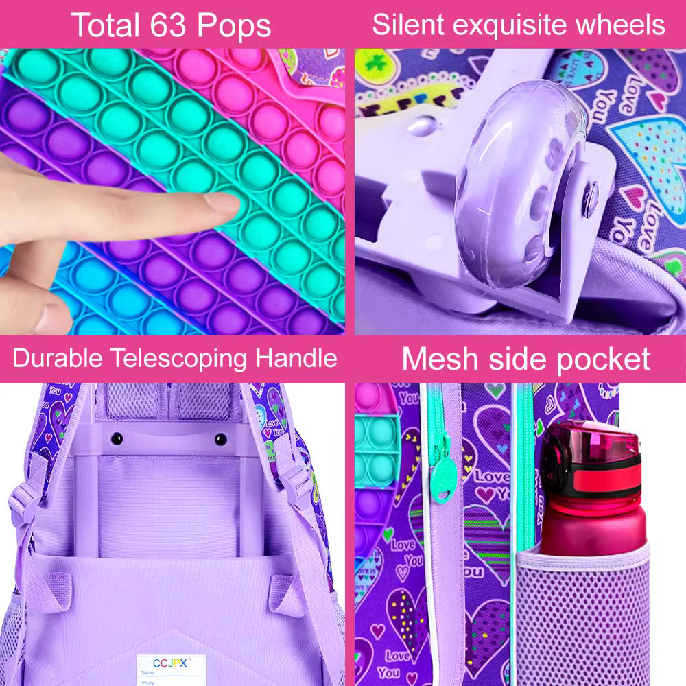 Sac à dos roulant 3 pièces pour filles, sac à livres à roulettes pour enfants, sac d'école à roulett