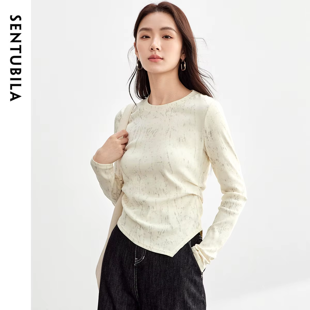 T-shirt en coton imprimé SENTUBILA pour femme, plissé irrégulier, tricoté, col rond, manches longues