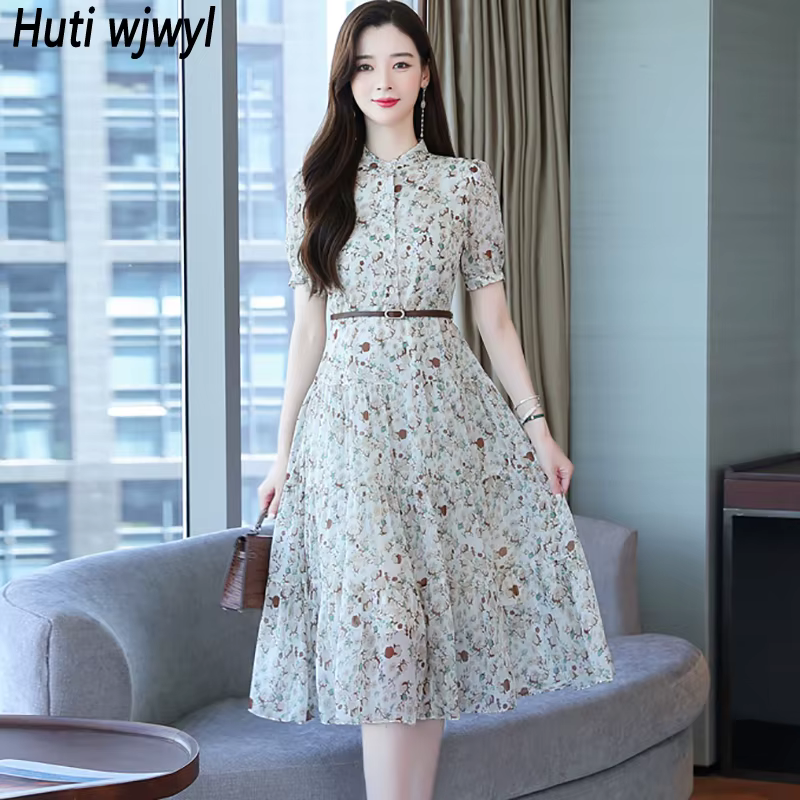 Robe mi-longue en mousseline de soie à fleurs pour femmes, manches courtes, mode décontractée, robe