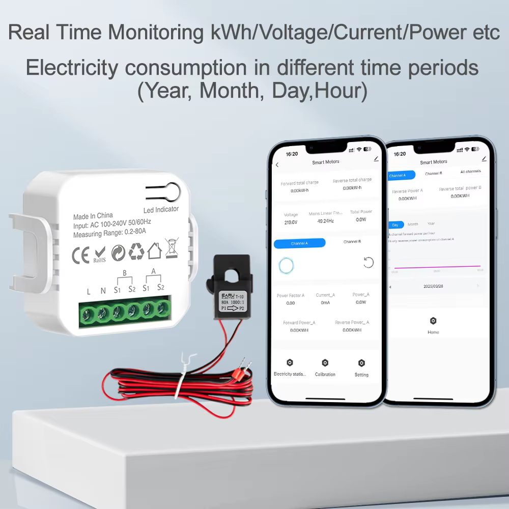 Compteur d'énergie intelligent WiFi Tuya avec pinces 1/2 CT pour système solaire photovoltaïque, sur