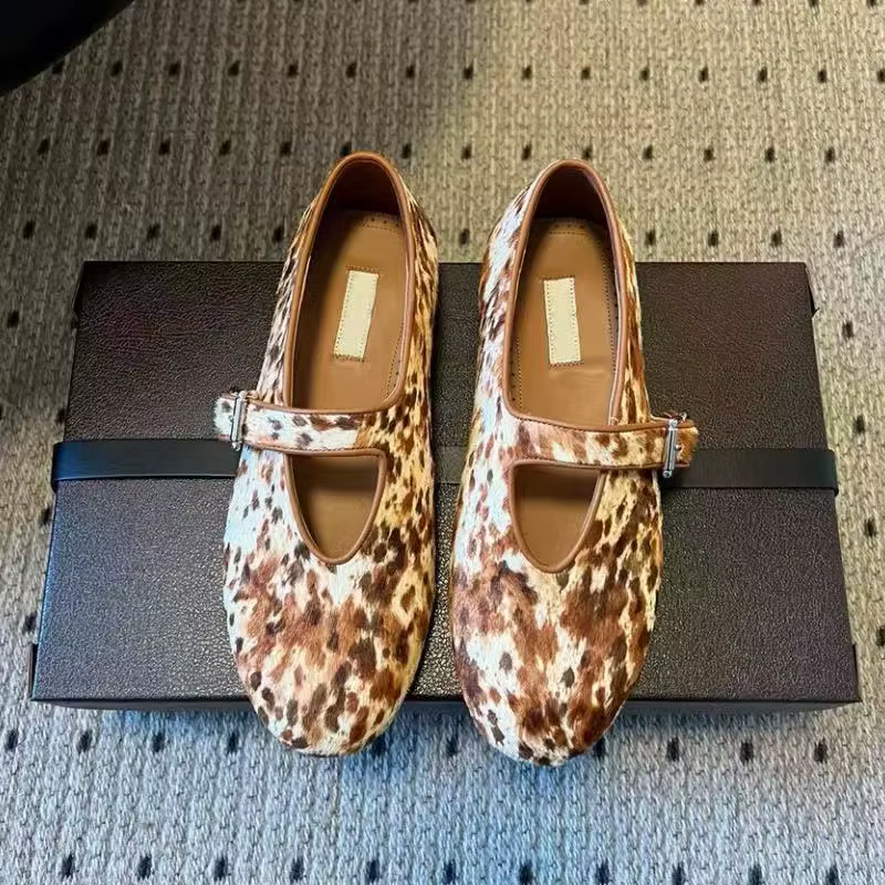 Chaussures plates Mary Jane en velours à bout rond de marque française, imprimé léopard, petites cha