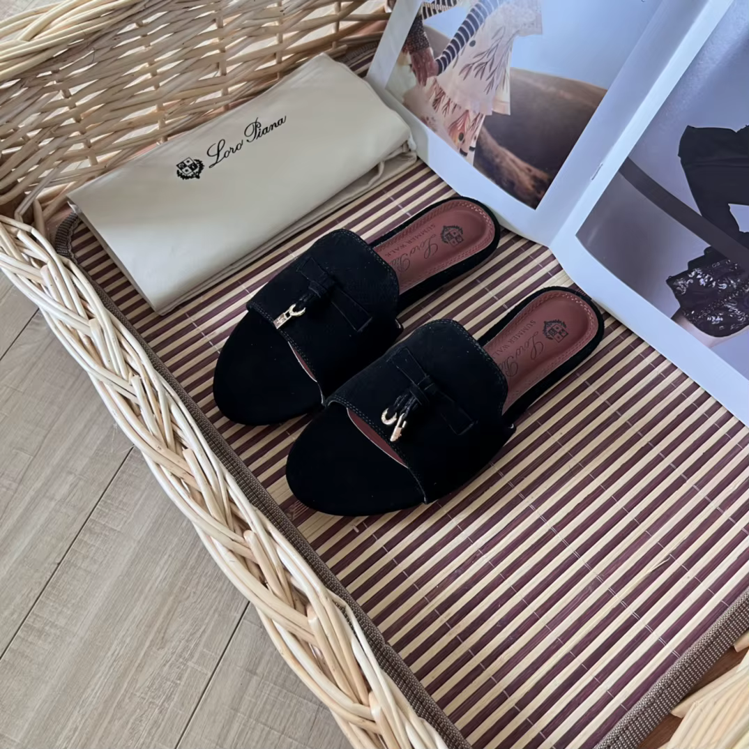 NOUVEAU 2026 – Chaussons de luxe LORO PIANA AUSTRALIS en daim marron pour femme, avec pompons décora