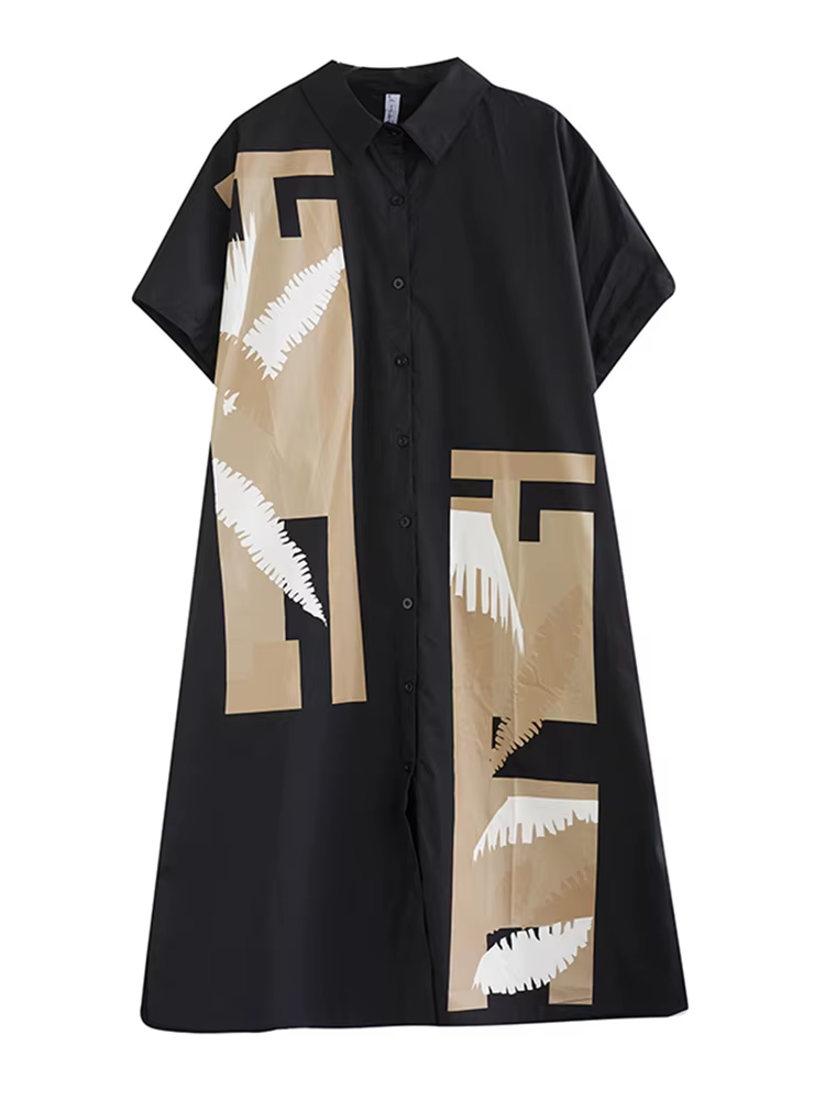 Nouvelle Robe Chemise Longue Décontractée Ample à Manches Courtes Imprimé Vintage Noir pour Femme – 
