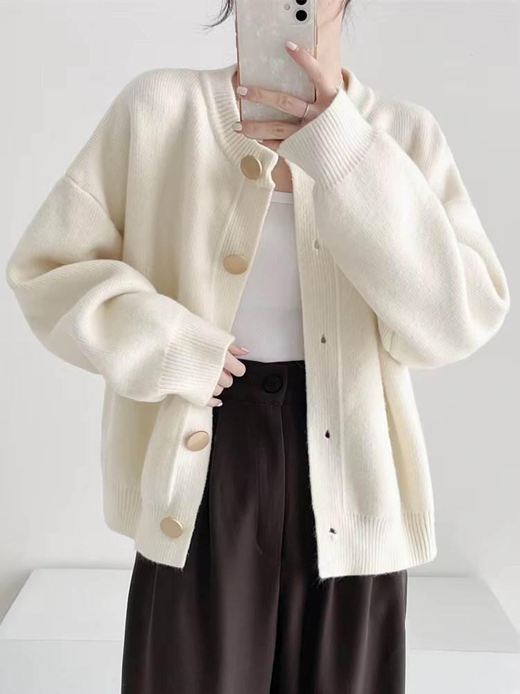 AOSSVIAO-Cardigan à col rond pour femme, couleur unie, simple boutonnage, collection automne hiver