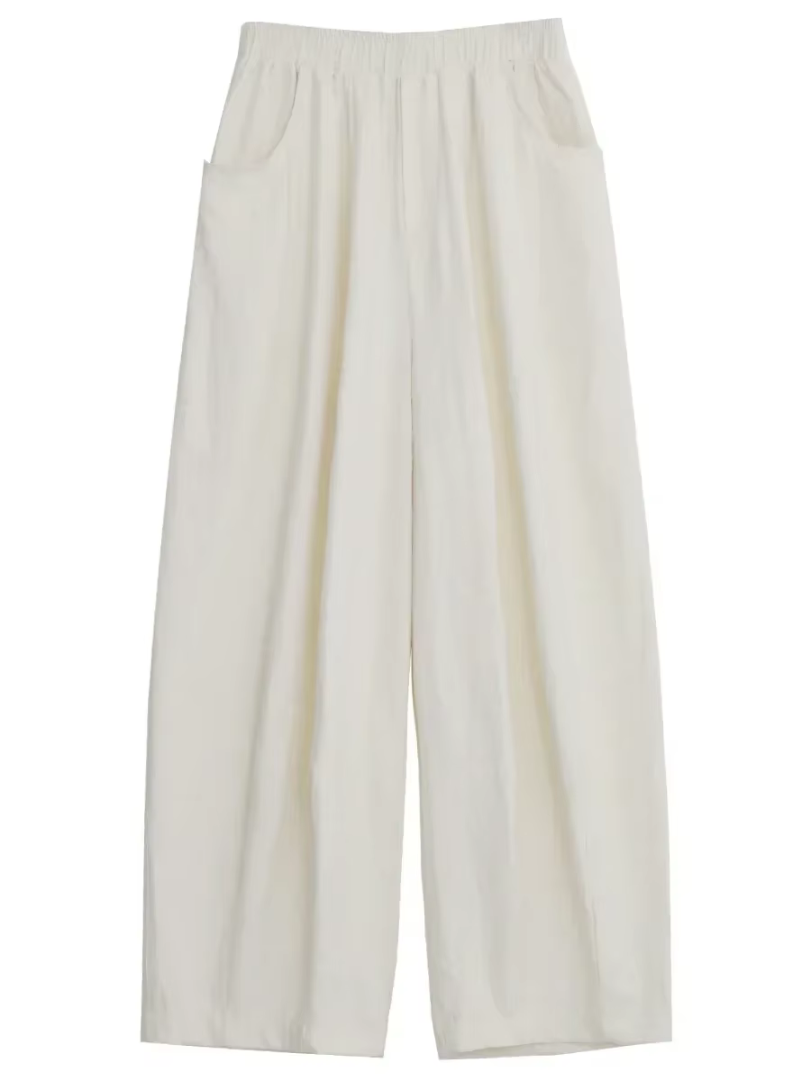 CHIC VEN femmes blanc pantalon solide décontracté taille élastique taille haute plissé jambe large f