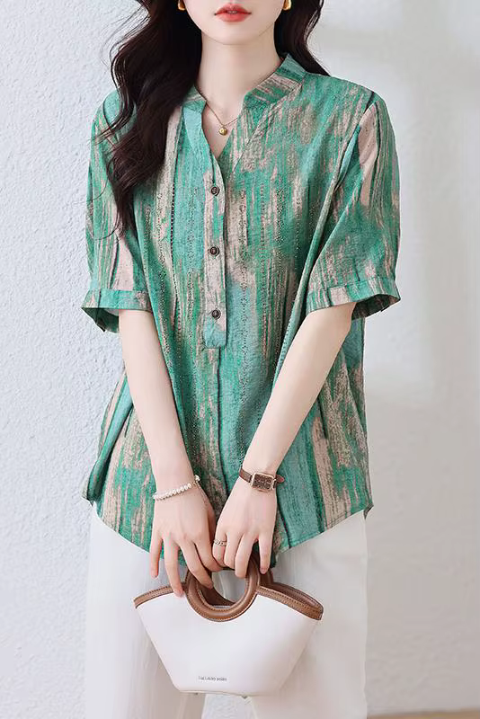 ZUO MAN RU-T-shirt manches courtes col V femme, slim, vert, taille adt, imprimé diamant, été 2023