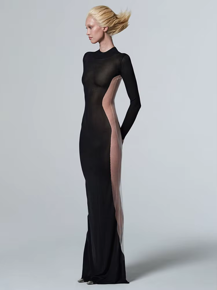 Robe transparente noire pour femme, pull long tambour, vêtements slim, streetwear sexy, patchwork en