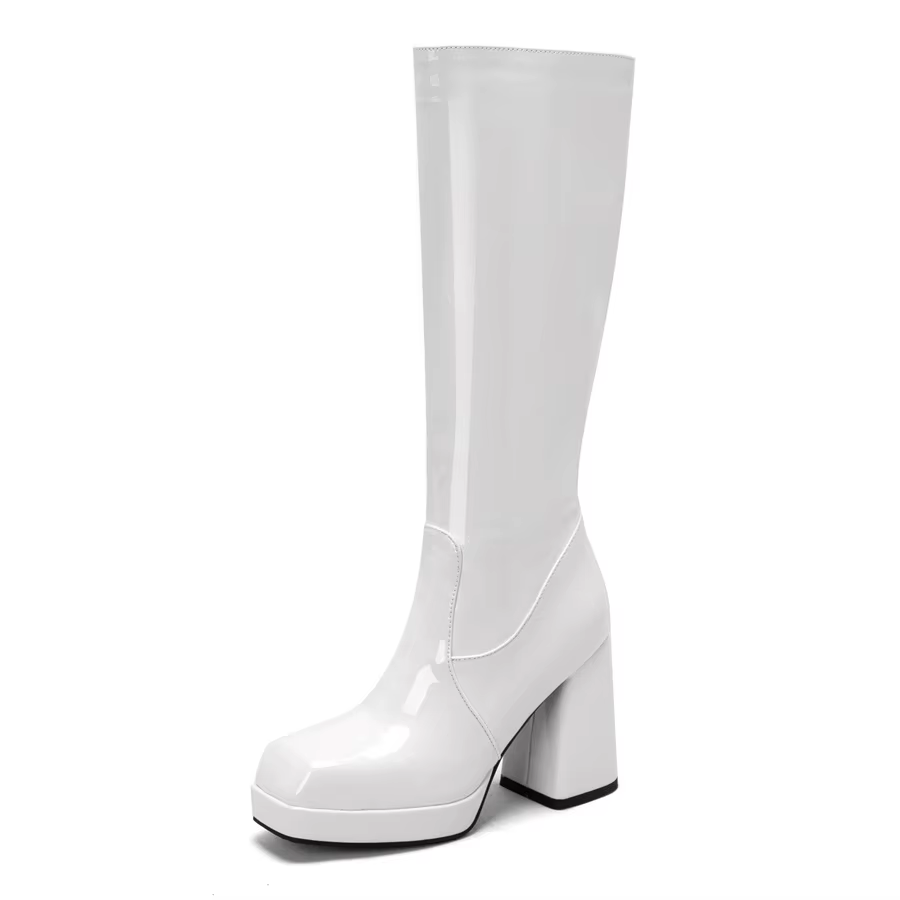 Bottes à plateforme en cuir verni pour femmes, bottes longues, Parker carré, fermeture éclair, talon